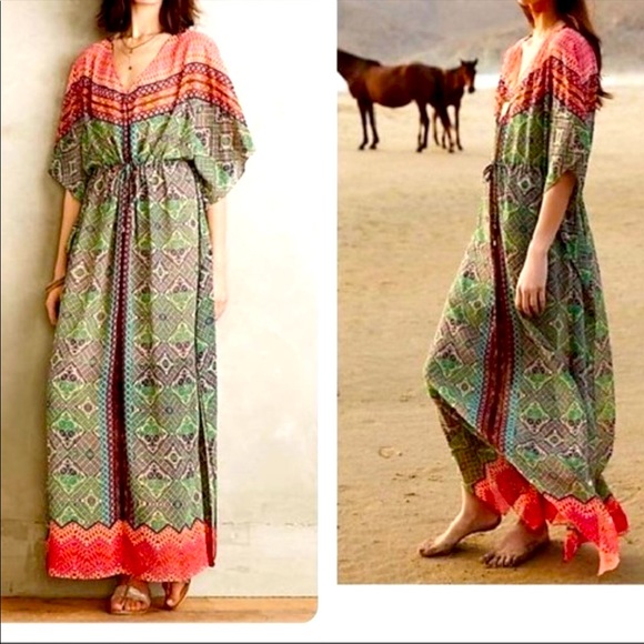 Anthropologie Kaftan Maxi Dress Green 